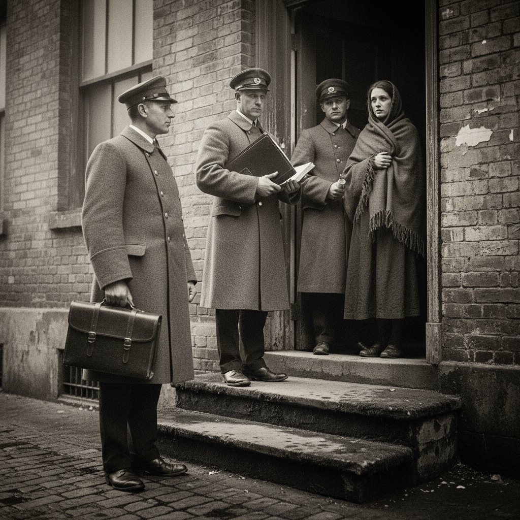 Three Bureau of Purity registry officials in grey coats arrive at a tenement door at dawn, stamp-case and ledger in hand, while an exhausted mother stands in the half-open doorway