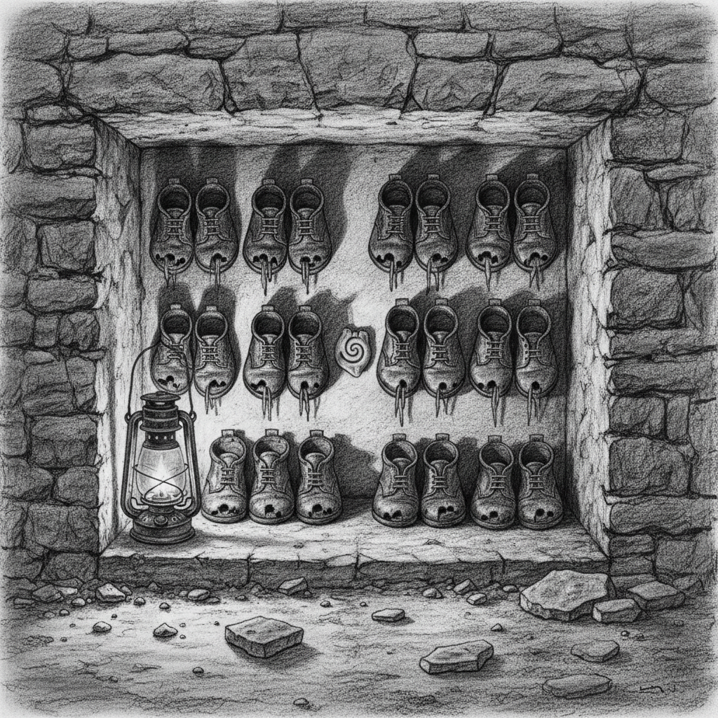 Eleven pairs of small worn children's shoes arranged in a stone wall-cavity in Innsbruck, a bone token among them and a guttered lantern to one side