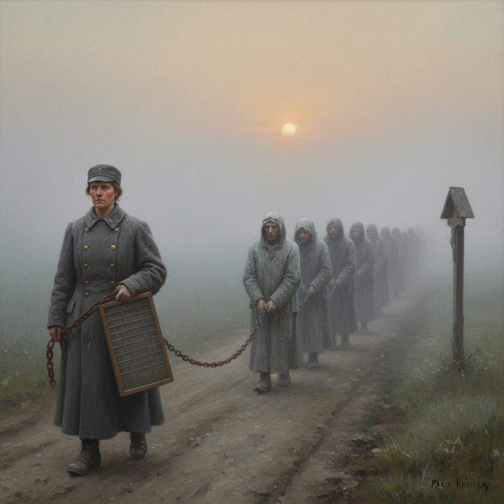 Handler Maren Kessler at the head of a Jubilee chain column at dawn on the Strasbourg road, tally slate in hand, iron chain stretching behind through morning mist connecting hundreds of lime-dusted pilgrims in single file