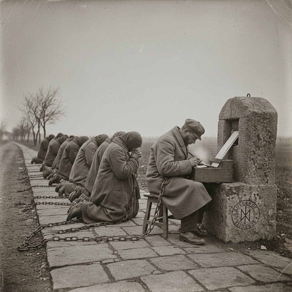 Jubilee pilgrims kneeling chained at a roadside shrine-post while a shrine-clerk transcribes confessions onto vellum strips, the iron chain still connecting each wrist to the next