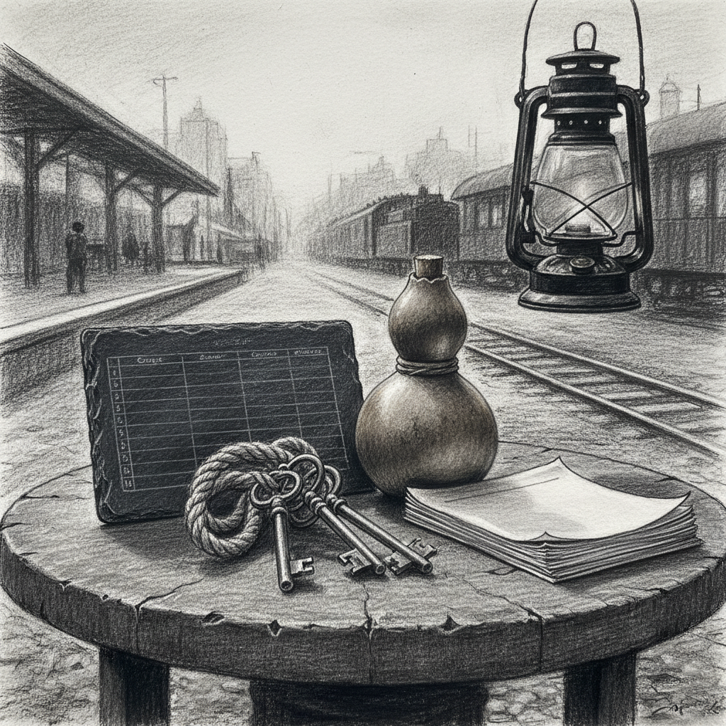 A Handler's tools at morning inspection on a stone depot table — master key set, tally slate with numbered columns, mercy gourd, and a stack of pre-printed cessation forms in dim departure-yard lantern light