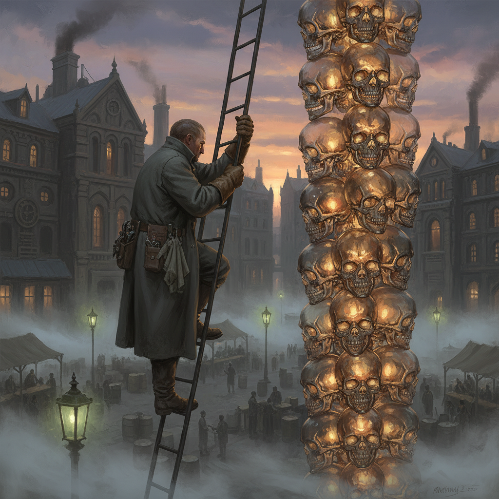 A grey-coated Ladderhand ascending cold iron rungs of a Glass Skull Stack at dawn, amber-glowing glass crania in ascending rows above him, foggy ration court plaza below