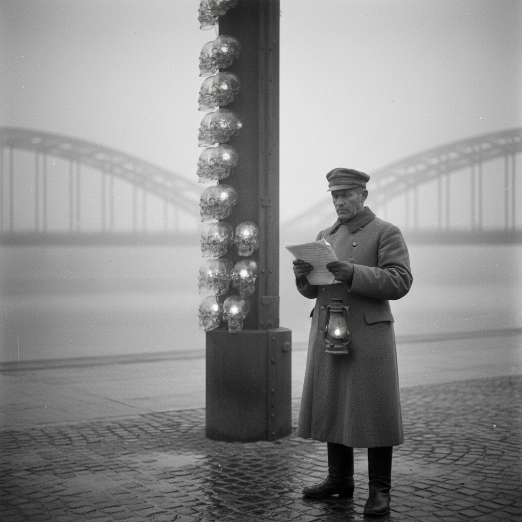 A Route Keeper at fifteen paces from a glass skull stack at night, lantern raised, clipboard in hand, amber glass crania glowing through the fog behind him