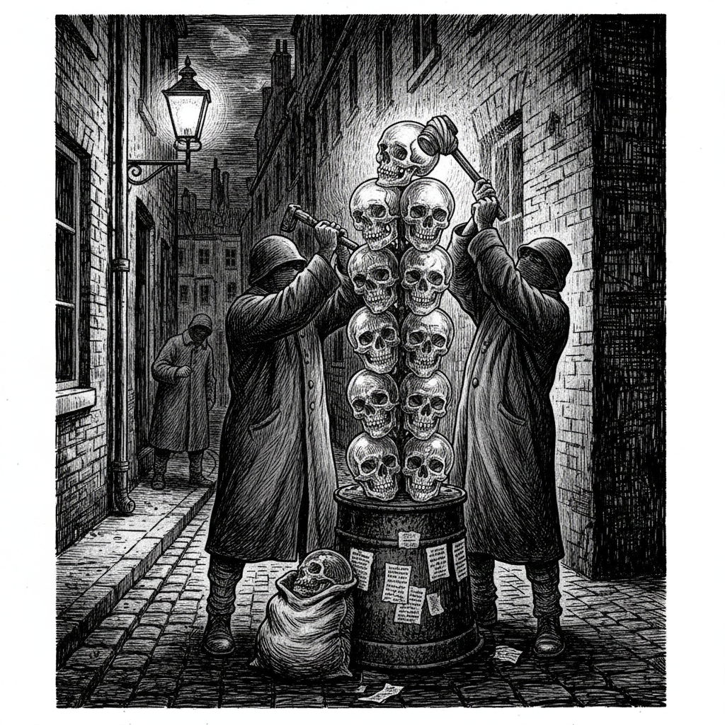 Mercy Cult vandals at a Glass Skull Stack in a dark curfew alley, one raising a wrapped hammer, prayer-strips already pasted to the column, a lookout at the alley mouth