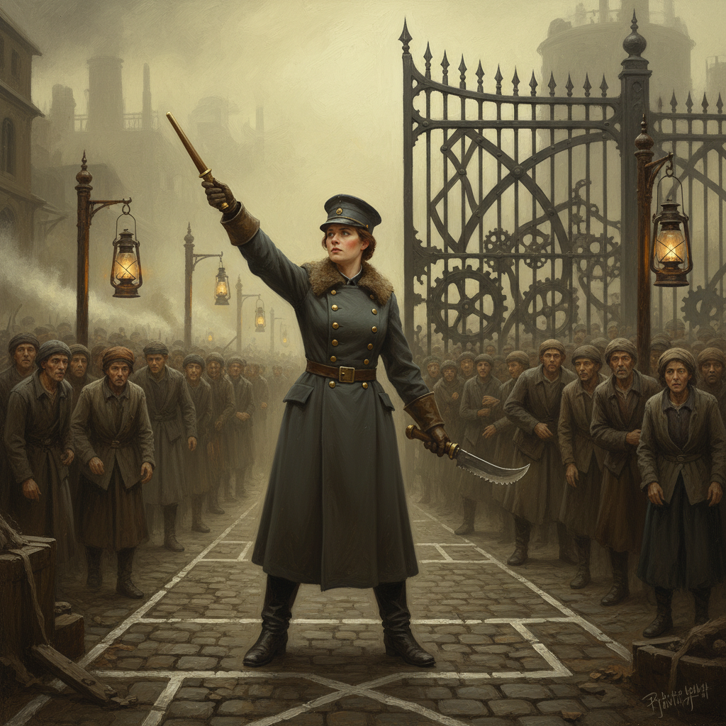 A grey-coated Procession Marshal stands at the choke point of a grain depot yard with baton raised and rope-knife in hand, splitting a surging ration crowd, chalk route-marks on the cobblestones, pressed bodies receding into fog