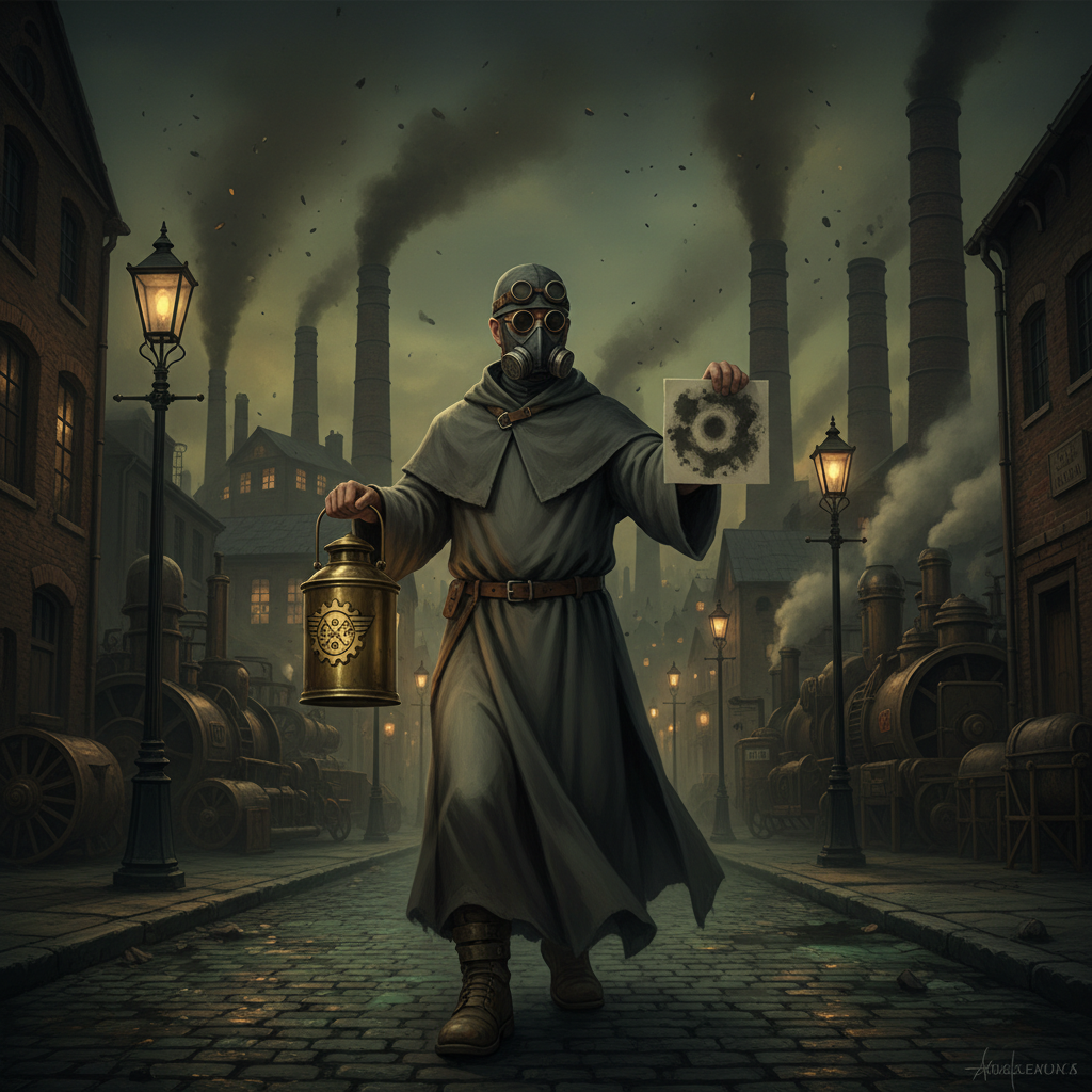 A grey-robed Purity Fume-Inspector in nose-mask holds a brass ledger-lantern and extends blooming fume paper on a night-time cobblestone street, chimney stacks looming behind