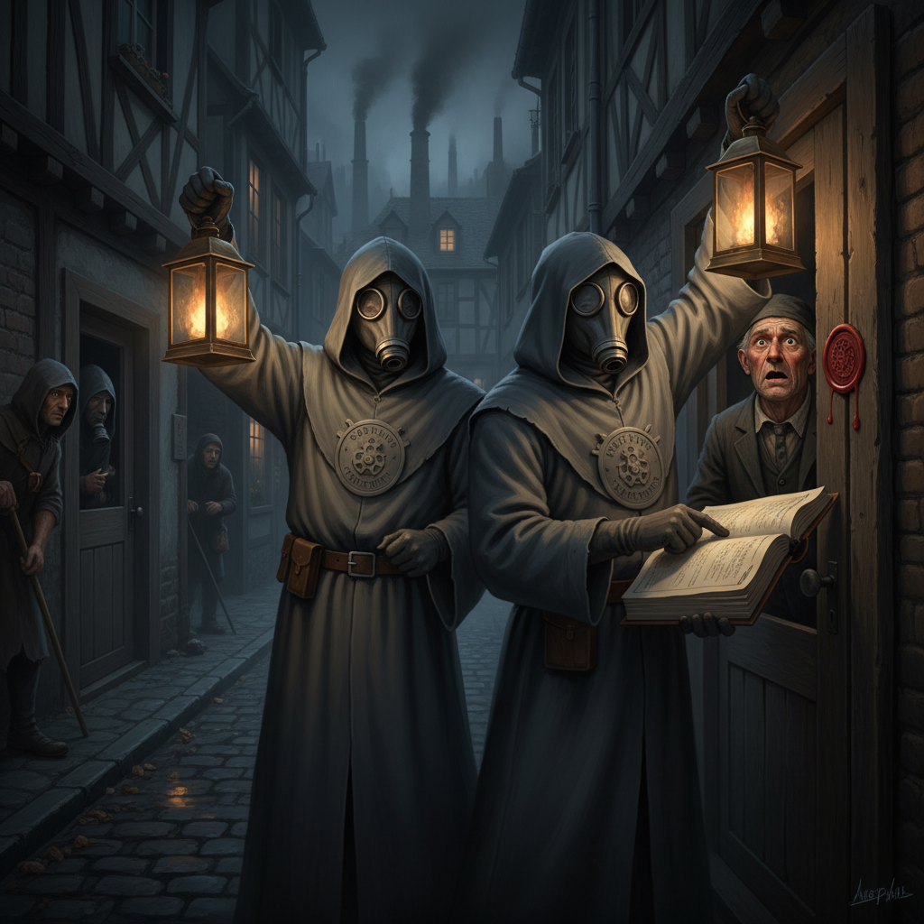 Two grey-robed Fume-Inspectors conduct a night raid at a tenement doorway, brass ledger-lanterns raised, pressing a citation wax seal to the doorframe while an elderly man watches