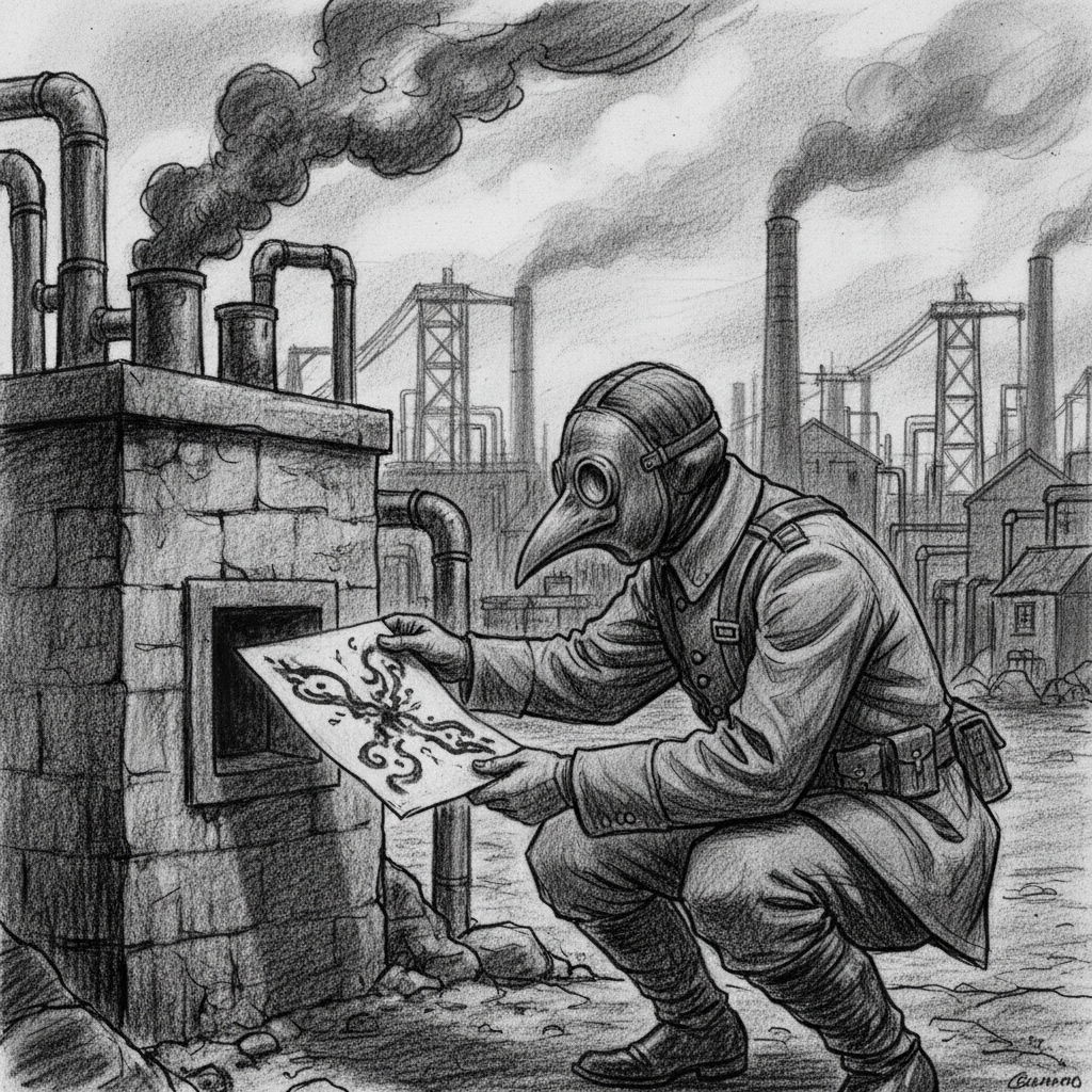 A Script-Interpreter in Bureau grey crouches near a chimney vent, extending fume paper on which dark patterns bloom into near-legible script shapes in the rising smoke