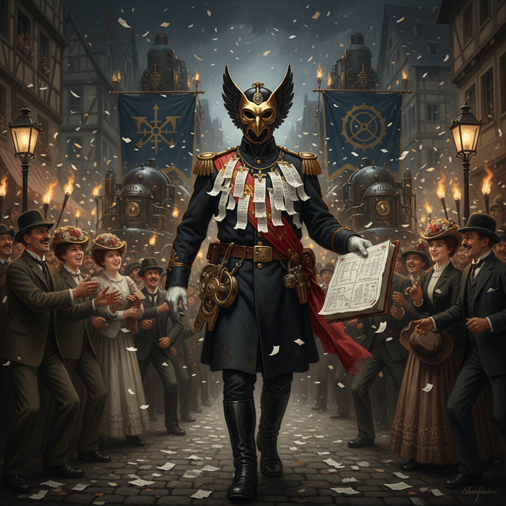 A Pageant Captain moving through a Strasbourg receipt-procession at night, lacquered half-mask catching torchlight, manifest ledger open, ribbon-punch at his hip, confetti falling around celebrating citizens