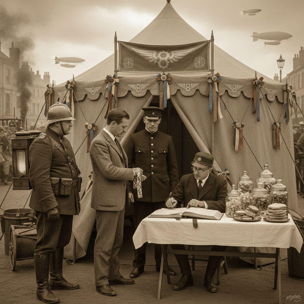 The Bureau of Festivals lost child tent at a municipal procession, a Ribbon Runner seated opposite a nervous man showing his wrist-ribbon, Lantern corporal by the tent flap