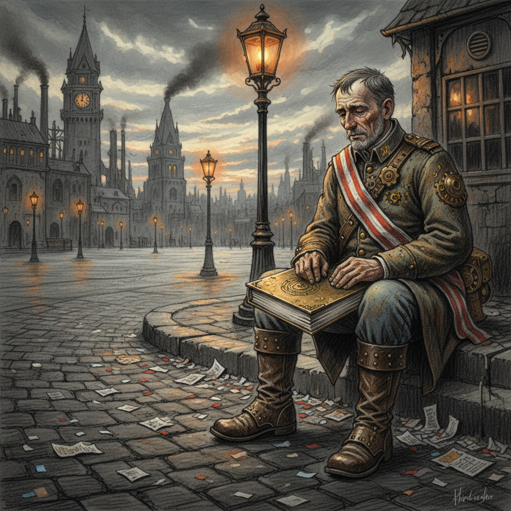 A retired Pageant Captain sitting alone on a curbstone in an empty plaza after the procession, dusty sash, manifest closed on his knee, confetti settling around his boots