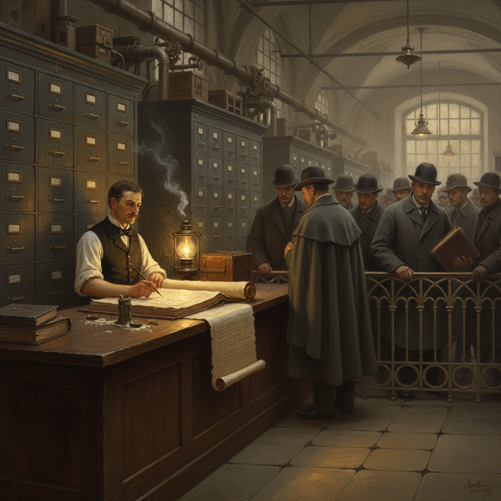Interior of the Strasbourg Central Registry House — a Records Scribe at a long counter with reed pen poised above an open master roll, tallow lamps, iron filing cabinets floor to ceiling, wax smoke, citizens queuing at the iron rail
