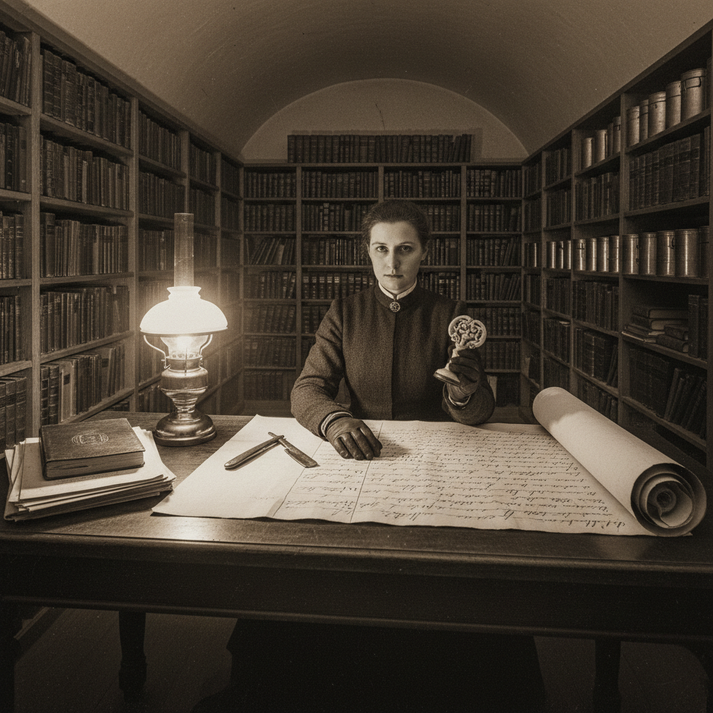Night work in a Bureau of Records vault — a Pragmatist Scribe at a lamplit desk, bone-carved duplicate seal in hand, razor blade beside her, master roll open, a side-ledger half-hidden under a paper stack