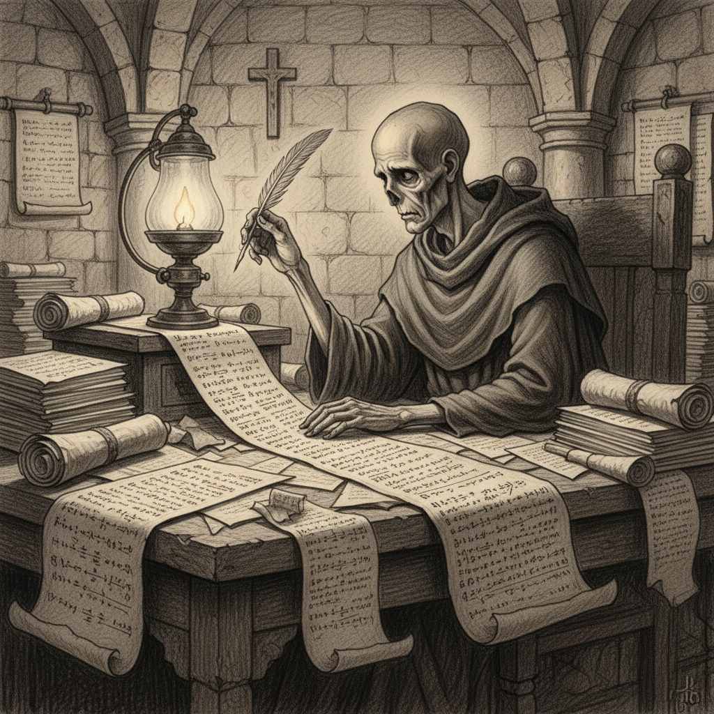 Saint Verran of the Unsmudged Line — a gaunt figure at a vast desk buried in rolls, pen raised above ten thousand column names, a lamp that casts no shadow, face averted from the viewer
