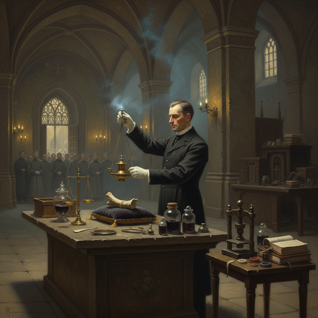 A Relic Authenticator in white gloves holds a brass blessing lamp over a pale bone fragment on an examination table in a stone vaulted Authentication Hall, stamp-press and registry ledgers beside him, wax smoke drifting through yellow lamplight