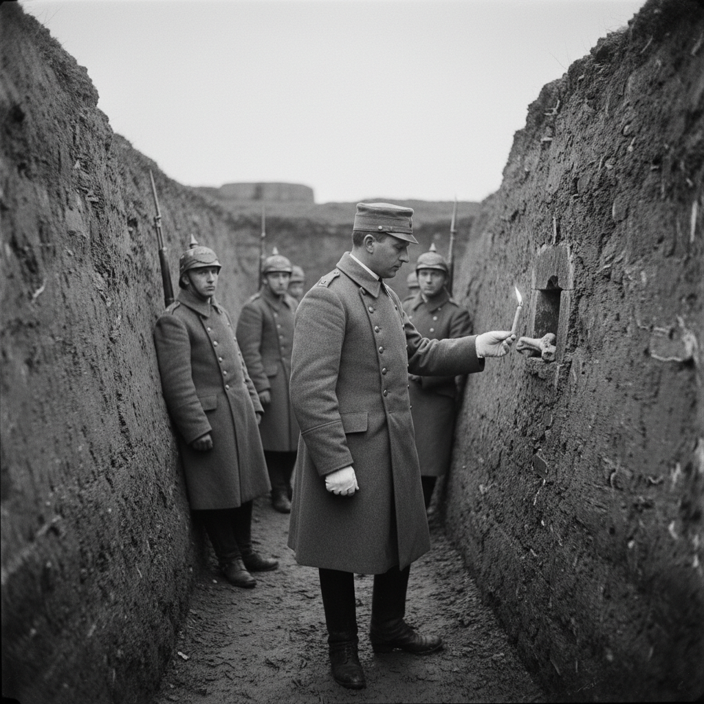 A Counter-Relic Examiner in white gloves holds a lit taper beside a bone fragment in a ravelin niche, soldiers watching with carefully expressionless faces as the flame bends toward the relic