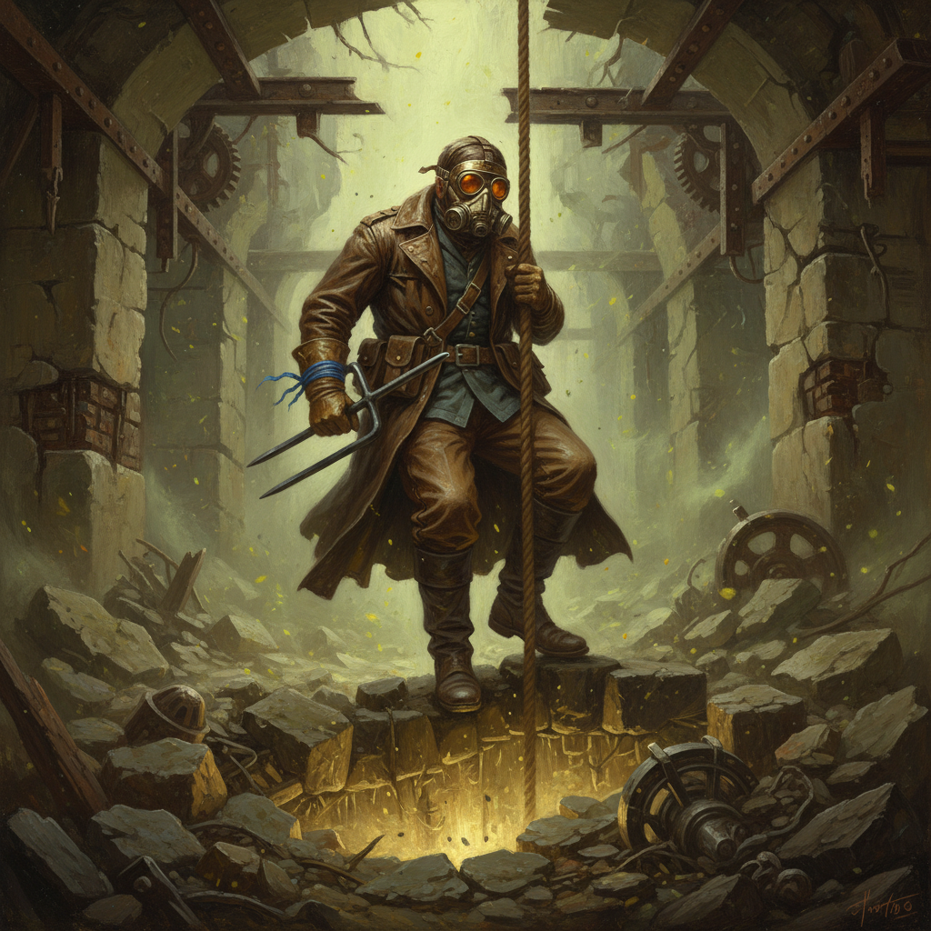 A Reliquary Salvager in layered leathers and dust mask descending on rope into a collapsed bastion vault, resonance fork at his belt, blue wax cord on his wrist, faint golden hum in the fractured stone below
