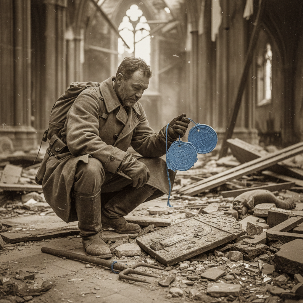 A licensed Reliquary Salvager crouching over a recovered icon fragment on rubble-strewn cathedral floor, Synod custody tags in hand, resonance fork beside the relic