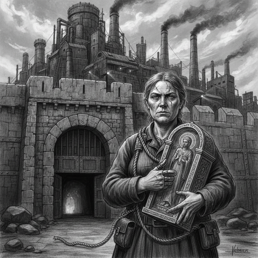 Vera Iron-Thumb Malrec with gleaming iron prosthetic right thumb cradling a saint-housing reliquary at the vault mouth of Bastion-Irongate