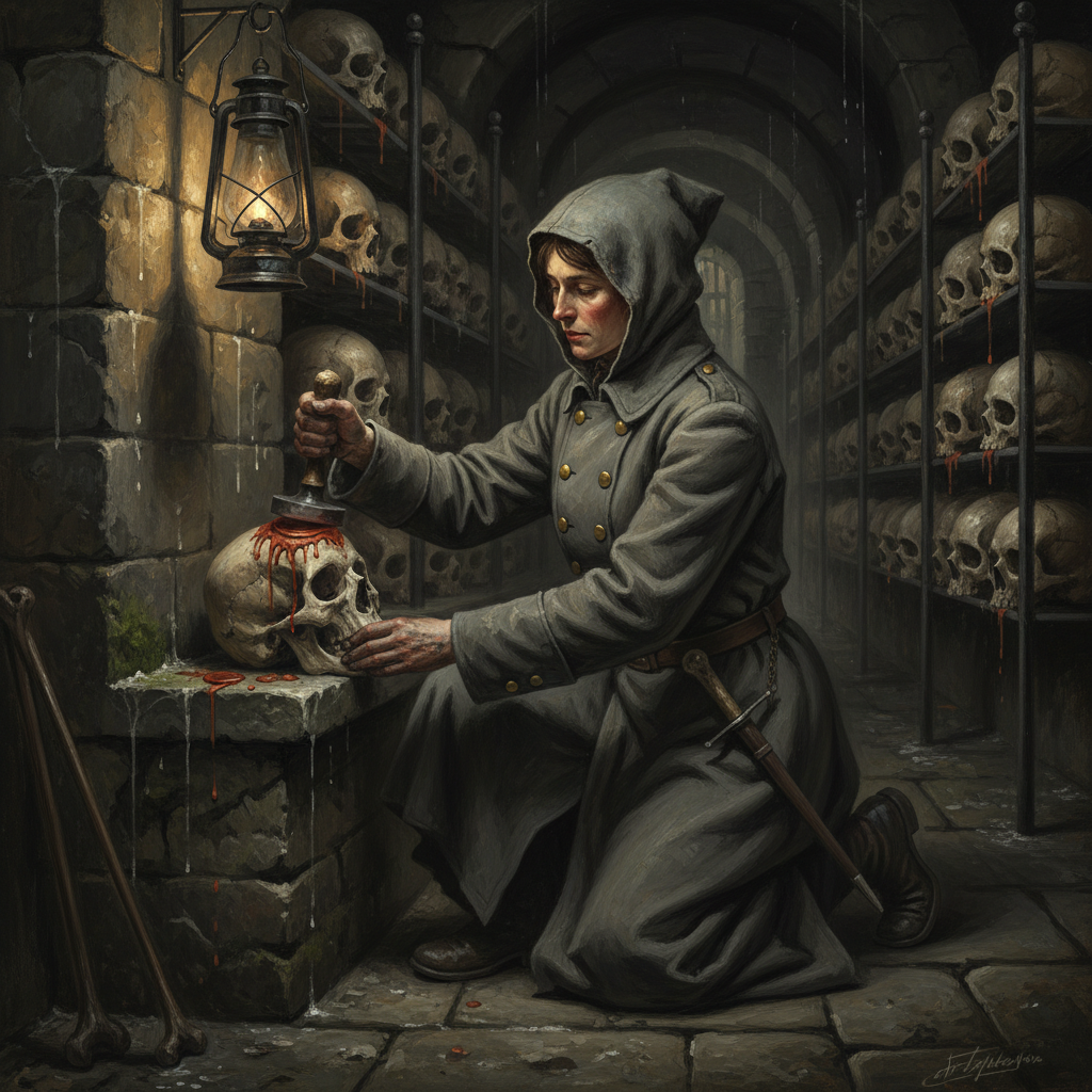 A Ritual Bone-Stamper pressing a warm wax seal onto a skull on a stone ledge in a deep ossuary corridor at night, lantern light catching the bead of wax as it sets, stacked skulls in iron racks receding into shadow behind her, ink-stained hands