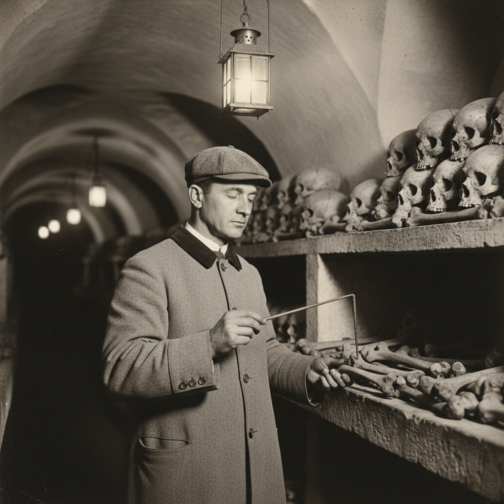A bone-stamper in a Bureau of Records grey coat holding an iron tap-rod above a femur on a stone shelf, eyes closed in concentration, two lanterns casting yellow pools along a low-vaulted ossuary corridor, shelved skulls extending into darkness