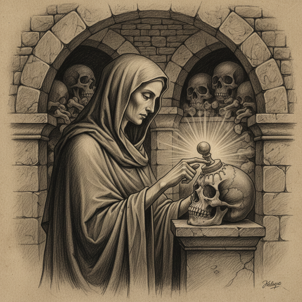 Saint Vellum-of-the-Quiet-Hand, a gaunt figure pressing a bone stamp over a skull as though bestowing a blessing, faint light from the wax contact point, face composed and slightly averted, stone ossuary arches framing her silhouette