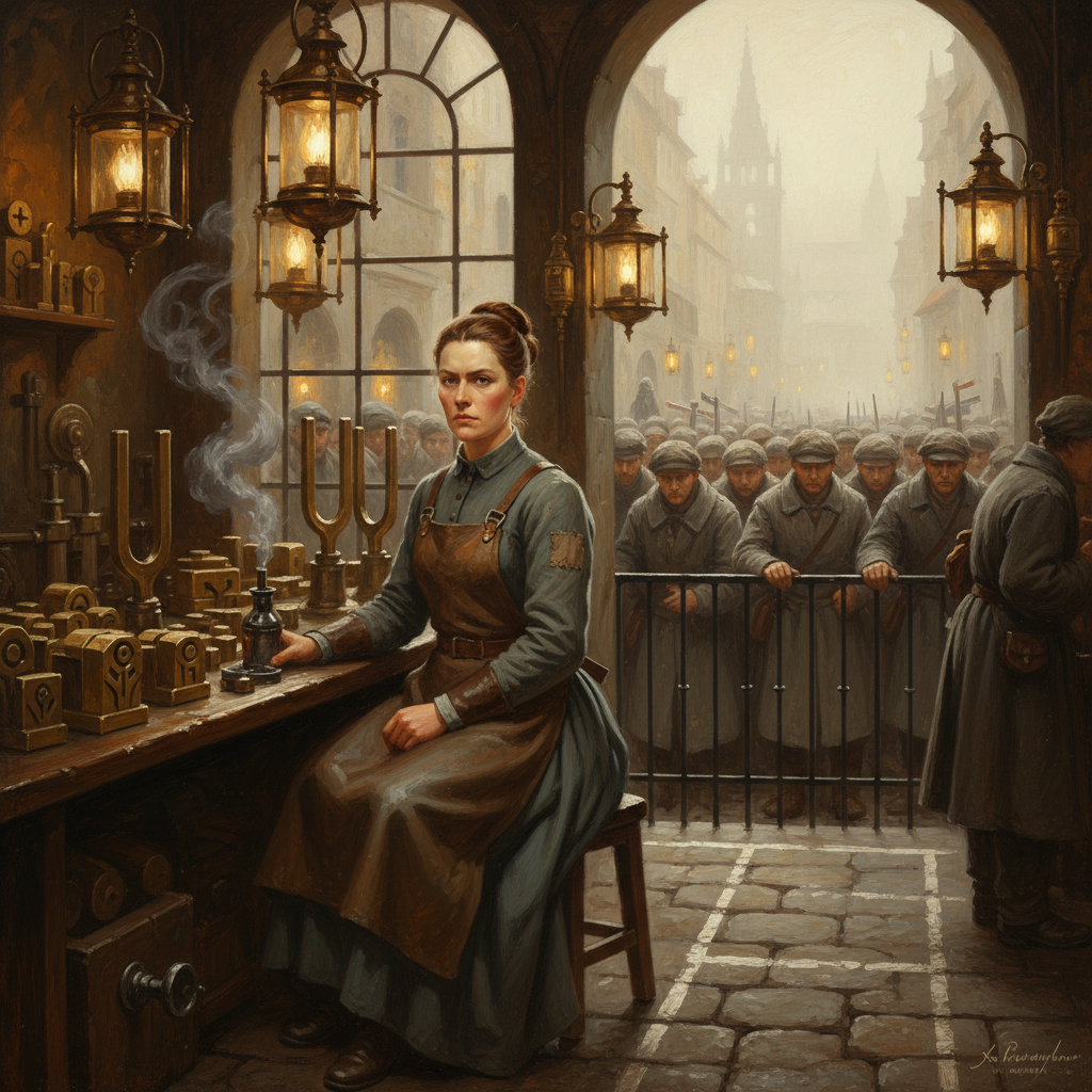 A female Route-Stamper at a stamp-kiosk window inside the Strasbourg Pilgrim Gate, brass dies and tuning forks on the counter, pilgrims queuing at the iron rail, wax smoke drifting, WWI-era gas lanterns.