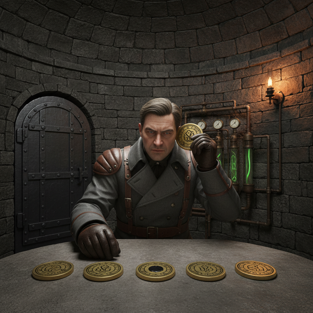 A grey-coated Tuner at a stone table in a sealed chamber, holding a brass token to his ear, five tokens lined up before him, one marked with a black wax dot, a single oil lamp at the far wall.