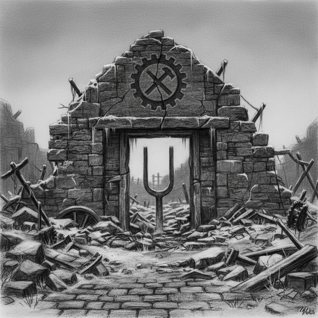 Ruins of the Lyon Stampers Guild forge after the Great Counterfeit Winter purge, the master die impression in the broken lintel, a rusting tuning fork in frozen rubble and ash below.