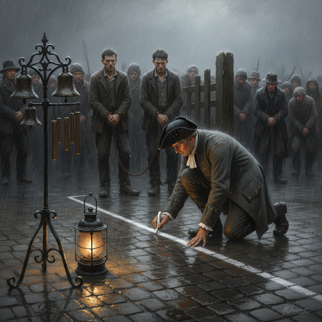 A grey-coated Roving Judge's Bailiff on one knee chalking a white court perimeter line across wet cobblestones, three chained accused at a fencepost behind him, crowd pressing back, iron hymn-chime on its stand in the foreground