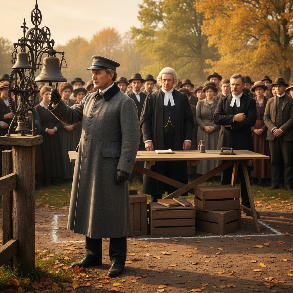 A circuit bailiff in grey coat standing at his iron hymn-chime on a fencepost, hand hovering above it, Judge elevated on a plank table behind, crowd watching from behind the chalk line, a vicar in clerical coat blocked with one arm