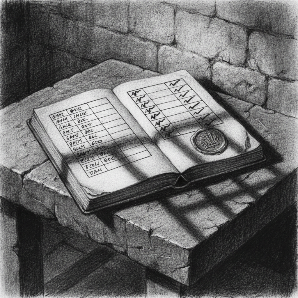 A custody log open on a stone table showing fourteen prisoner names in the left column but discharge marks beside only eleven, three entries with blank right-hand columns, a Bureau wax seal at the bottom, shadow falling across the three blank lines