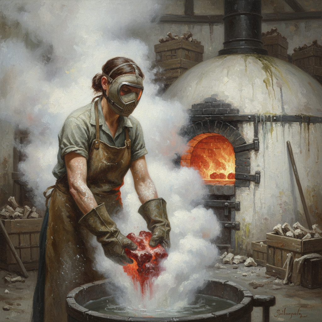 A Saint-Bone Melter at the slaking pit in a bastion kiln yard, lime steam erupting around her hands as calcined bone meets water, white caustic dust on her cracked forearms, kiln glow and fragment crates behind her