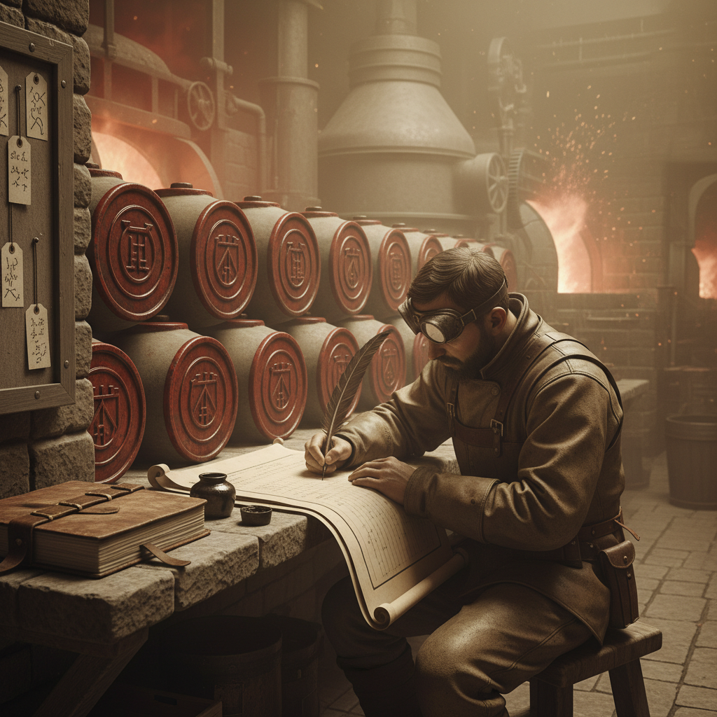 A Melter at a stone shelf filling out Form R-14 destruction certificates, sealed batch barrels with wax stamp-rings behind him, ossuary provenance tags pinned beside the ledger, lime dust haze in the kiln glow