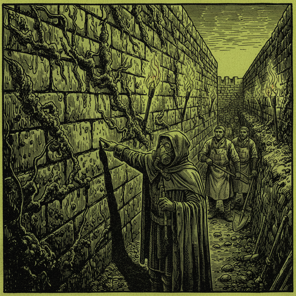 Black-lime bloom on a bastion wall section, mortar darkened to grey-black, a Purity Fume-Inspector in half-mask gesturing toward it, masons watching from cautious distance, harsh torch light in a trench corridor
