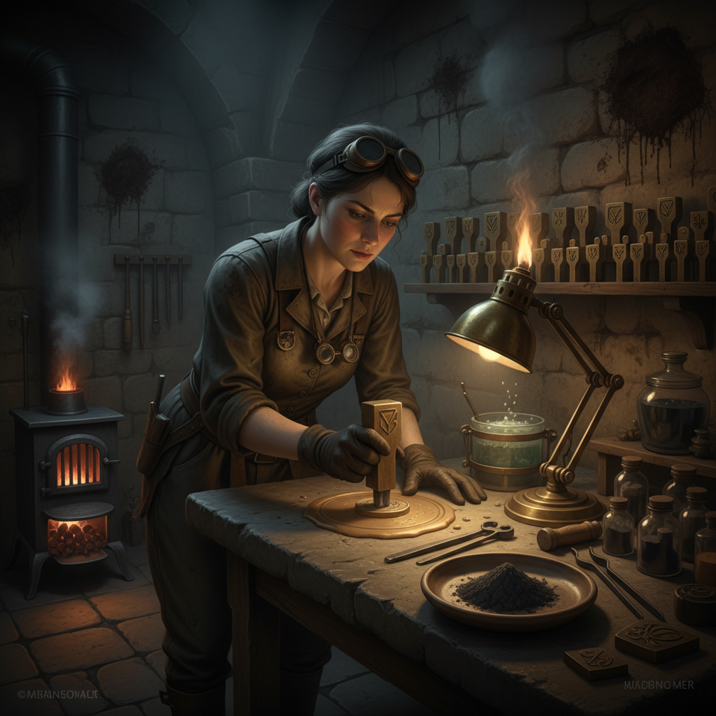 A seal-forger in a dim cellar at a stone desk, brass punch poised above a wax tablet, loupe around her neck, angled lamp casting harsh light across the die face, small stove glowing in the corner