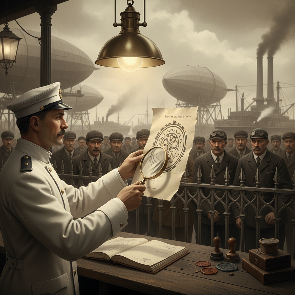 A Sigil Inspector holding a stamped convoy writ up to an inspection lamp, magnifying lens in hand, dockworkers watching from behind an iron rail