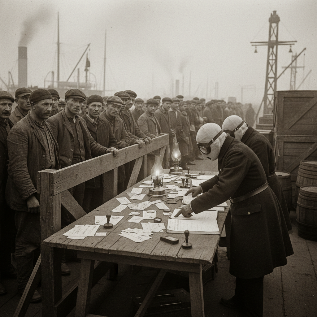 The Great Audit Purge, Strasbourg docklands, A.S. 188: dockworkers detained at a barrier, ration slips on a table before Bureau inspectors, a long queue stretching into the fog behind