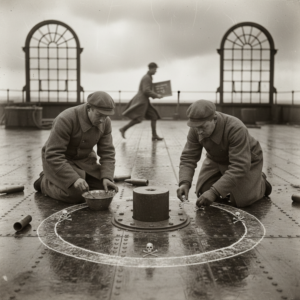 Two Ward-Chalkers on their knees renewing chalk rings around a mortar base position in the rain, pressing bone relic pins into chalk-and-ash paste, brass casings underfoot, a Choir Runner sprinting past with a cue-slate