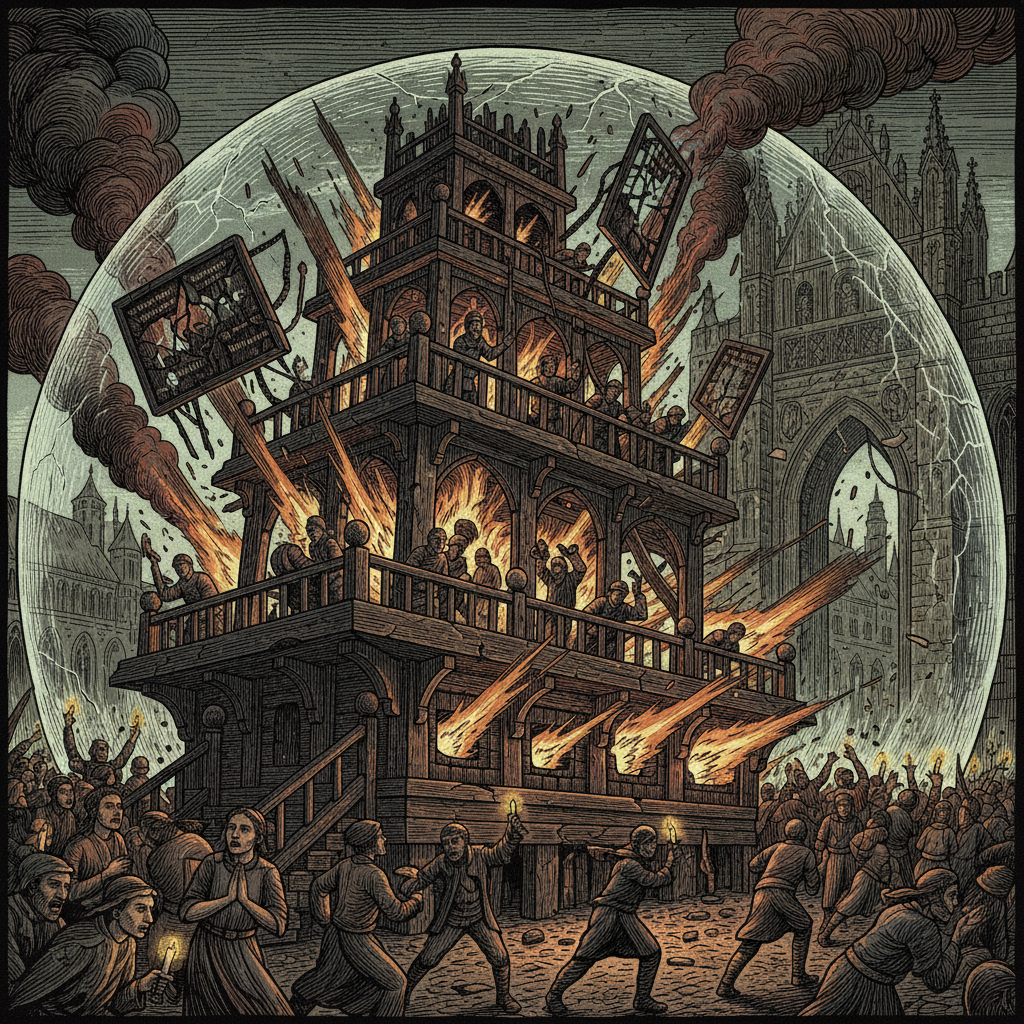 A shrine-platform engulfed in disaster at Prague Gate — mortars detonating in its lower holds, crew silhouettes at burning stations, pilgrims clutching relic-candles in the foreground chaos, hymn-screens cracked and hanging