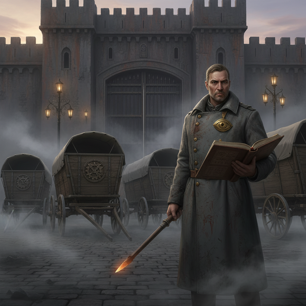A Sigil Inspector at a bastion gatehouse at dawn, grey coat streaked with solvents, brass eye-badge gleaming, leather-bound codex open in one hand and heated scraper blade in the other, supply wagons queued at the iron gate rail behind him
