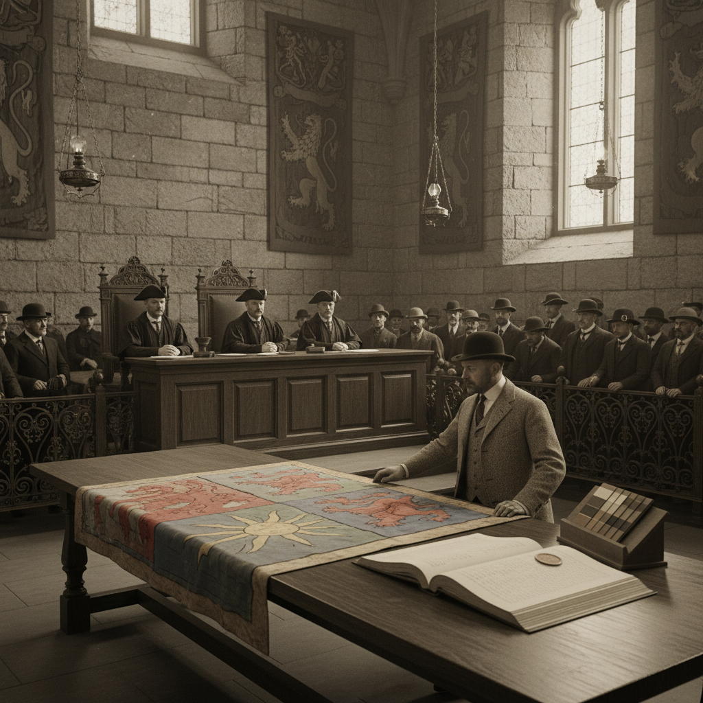 A District Crest Adjudicator hearing room in a stone hall, a guild merchant before the elevated clerk bench with a disputed banner on the table, Bureau of Heraldry citation ledger open, colour swatch set displayed