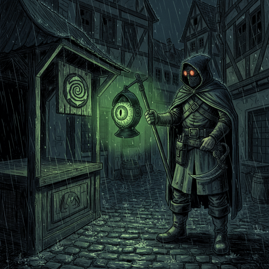 Night patrol with the eye-lantern, a Sigil Inspector in a dark Cologne alley holding a hooded lamp to a market stall sign glowing sickly green in the lamplight, reaching for the scraper blade
