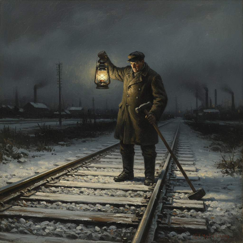 Track Walker at night on the Strasbourg line, lantern raised mid-tap on the rail-head, gauge rod against the ballast, frost on the sleepers, darkness ahead