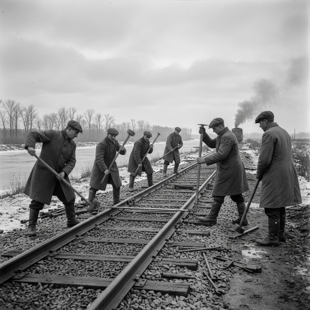 Guild of Rails crews relaying track during Gauge War standardization, six men spiking new rail into ballast, measuring rods in hand, bleak midwinter, wartime urgency