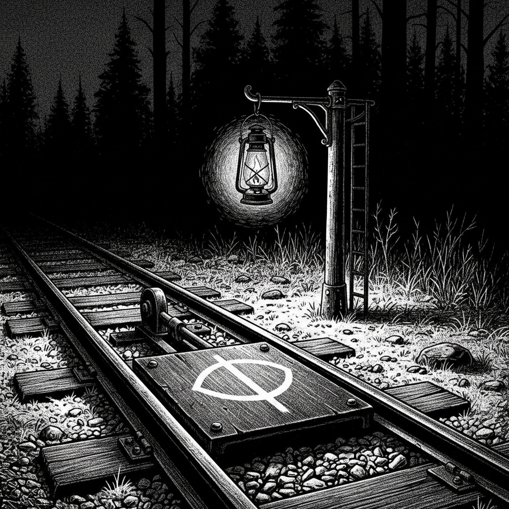 Demon-sign chalk mark on a junction rail-head at night, circle with vertical line chalked in white on cold steel, Night Walker's lantern on the post, no human figure