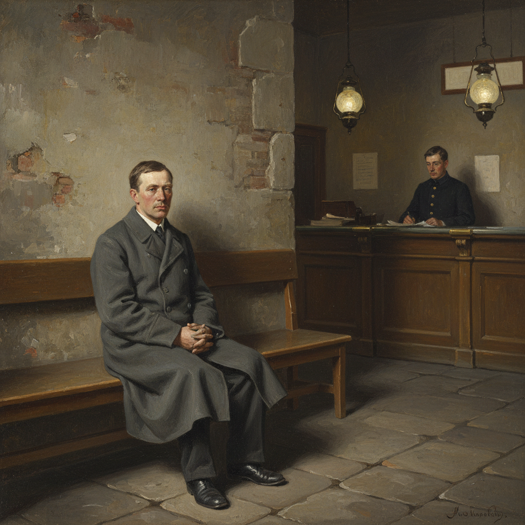 Arno Kett sitting calmly in Bureau of Purity waiting room on the Quai des Bateliers, plain-faced man in grey coat hands folded on wooden bench, Bureau clerk at counter behind him, gas lanterns, Strasbourg 1910s