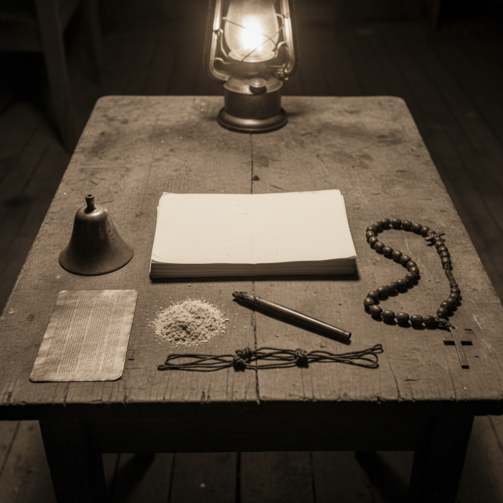 Confiscated Silent Godless operative kit on cellar table under oil lamp — blank form stack, ash-ink stub, knotted thread spool, microprint plate, quiet bell cone, false rosary in methodical order