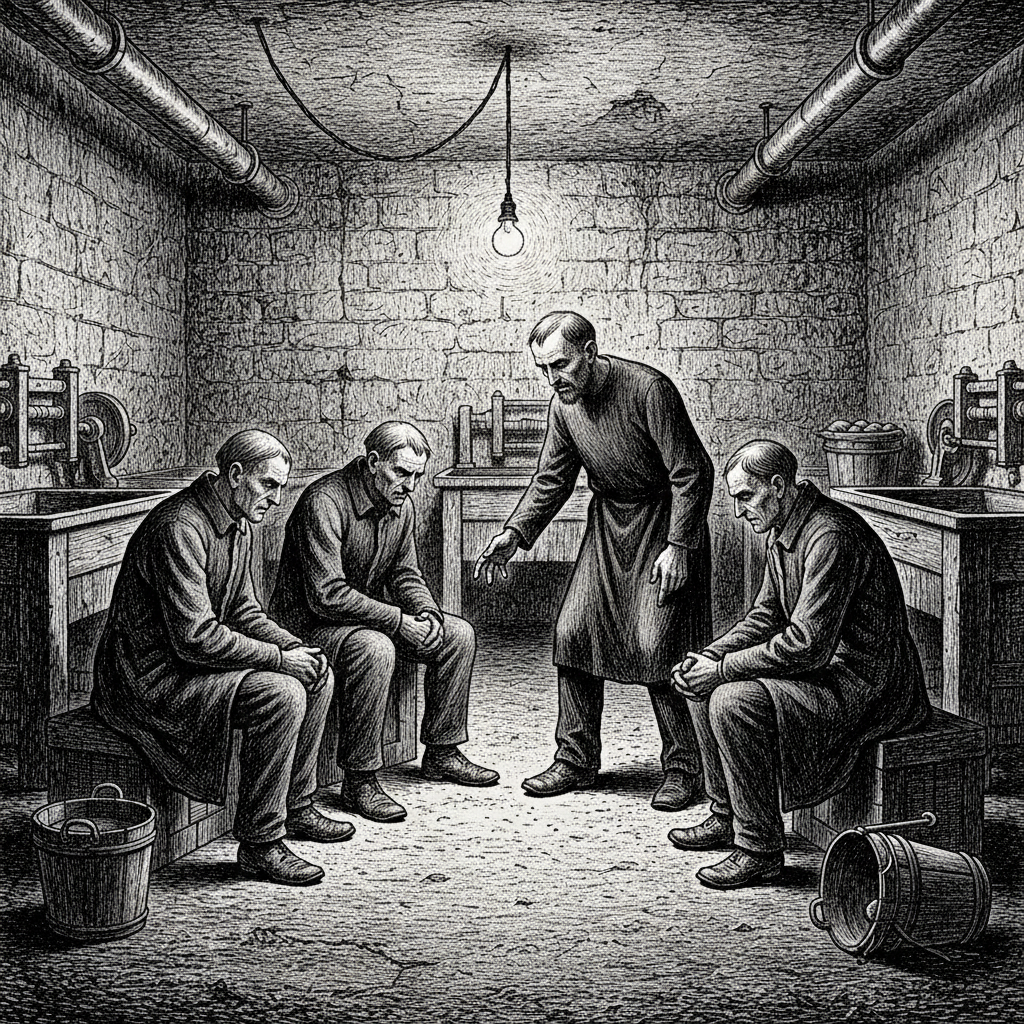 Woodcut of Null Catechist session in laundry basement, five figures in plain coats in dim circle, one standing speaking, bare stone walls, single hanging lamp, no religious iconography