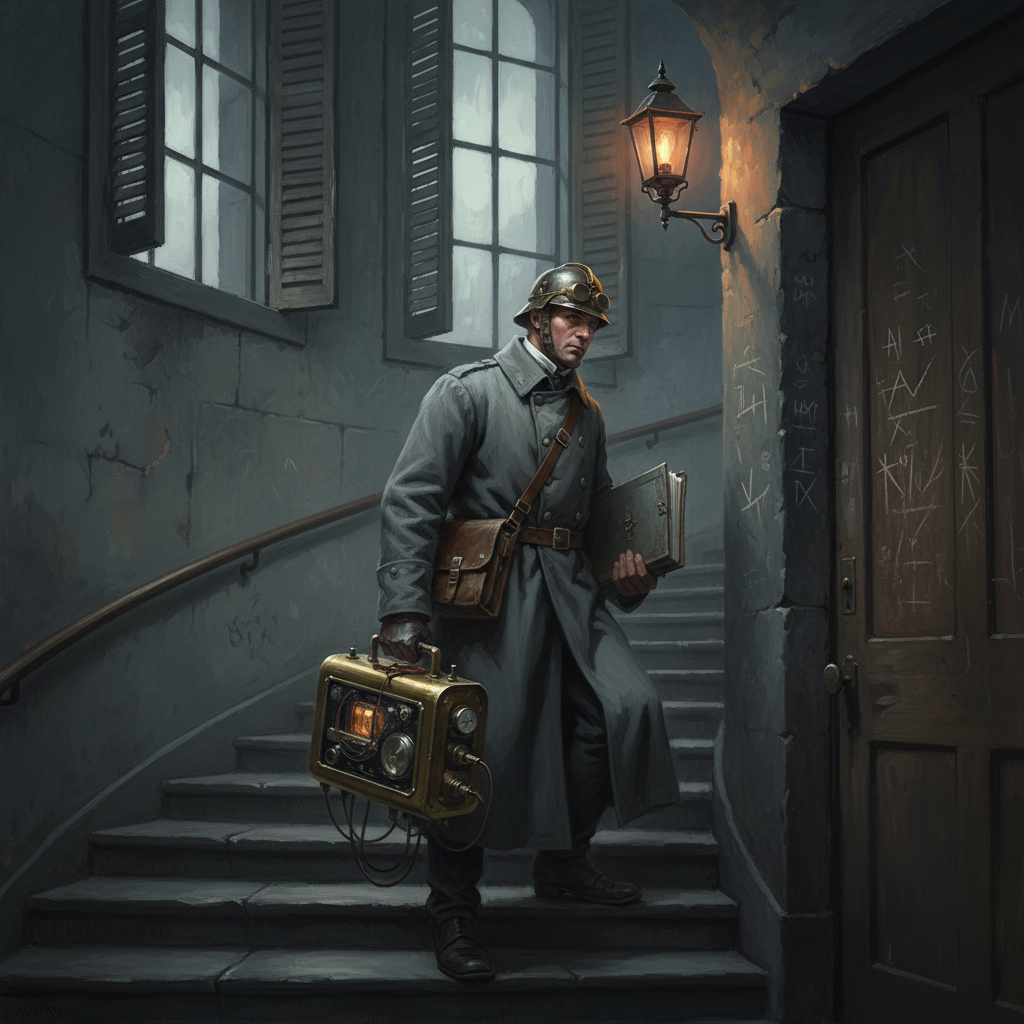 A Sky-Sermon Attendance Auditor in a grey coat climbs tenement stairs at dawn, portable receiver tester in hand, attendance ledger under his arm, chalk marks on the doorframe beside him